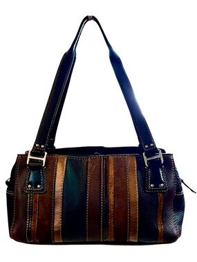 Fossil Vintage Brown Black Striped Leather Shoulder Bag Y2K Patchwork Purse